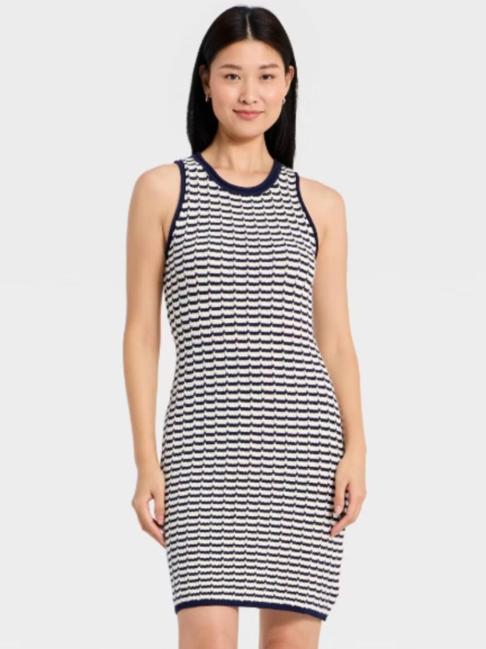 Women's Crochet Mini Sweater Dress - A New Day - Navy Blue Striped Lg